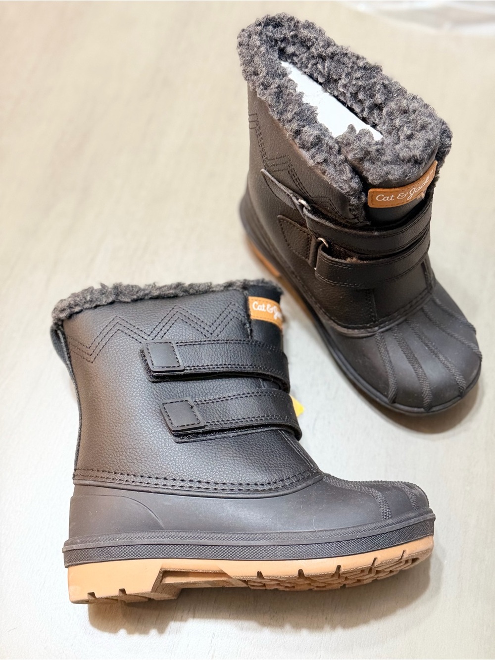 Jump Black Kids Waterproof Winter Boots with Gray Faux Fur Collar